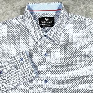 Butter Cloth Shirt Mens XL Tall Fit White Blue Geometric Button Up Long Sleeve